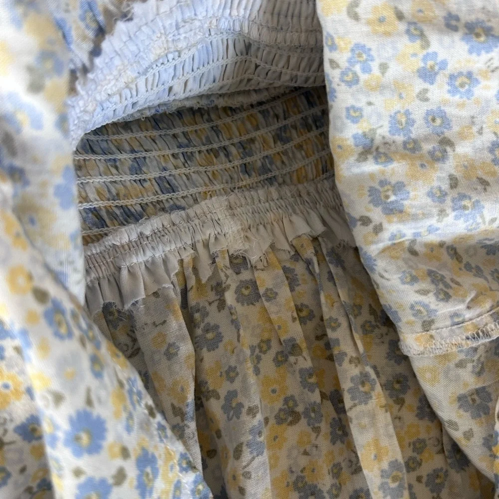 Hollister Smocked Milkmaid Mini Dress Floral Blue Yellow Size M